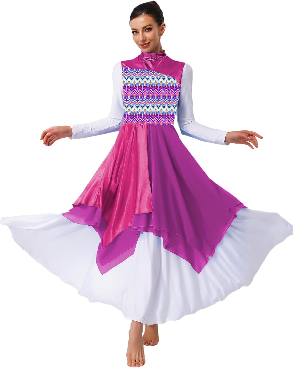 ACSUSS Women Sleeveless Liturgical Praise Dance Dresses Worship Dance Tunic Overlay Chiffon Irregular Hem Dress