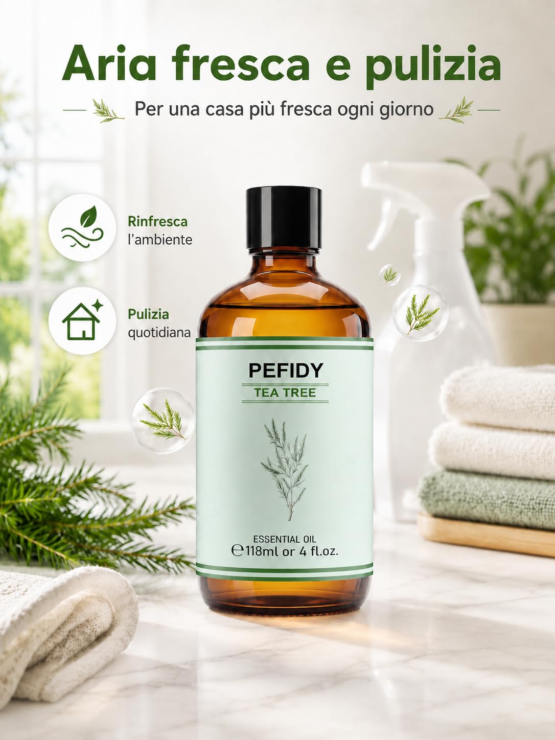 Olio Essenziale di Tea Tree 118ml, Olio di Melaleuca Alternifolia Distillato a Vapore, con Contagocce, per Diffusore, Shampoo, Unghie, Routine Pelle e Pulizia Casa