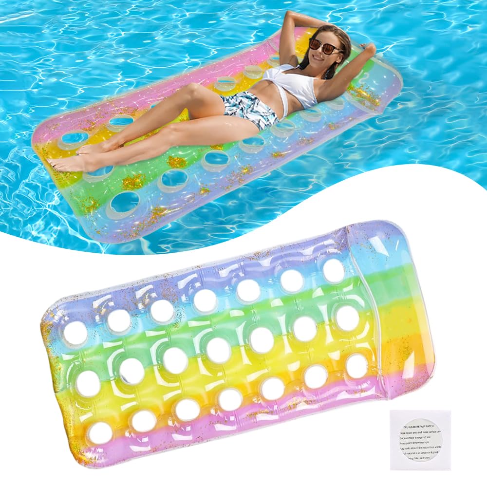 Lotvic Inflatable Pool Float, Lilo Pool Inflatables with Pillow for Adults, Inflatable Pool Lounger with Transparent Repair Patches, Rainbow Glitter Pool Raft for Summer Beach Games, Water Party