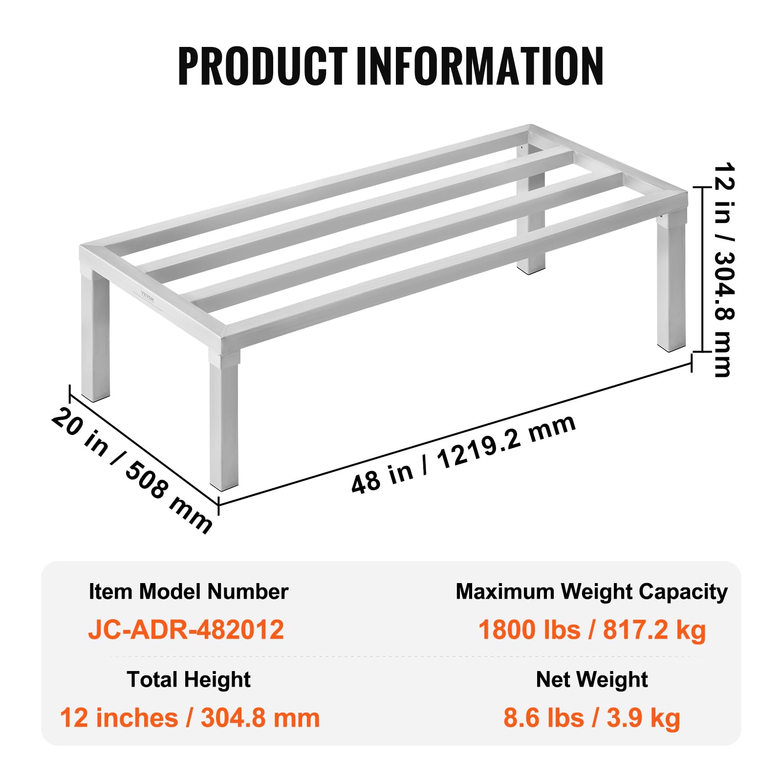 VEVOR Rack de Calage en Aluminium, 121,9x50,8x30,5 cm, Support de Stockage Commercial, Capacité Charge 817,2 kg, Entièrement Soudé, pour Rangement Aliments au Sol, dans Restaurants, Cuisines, Garages