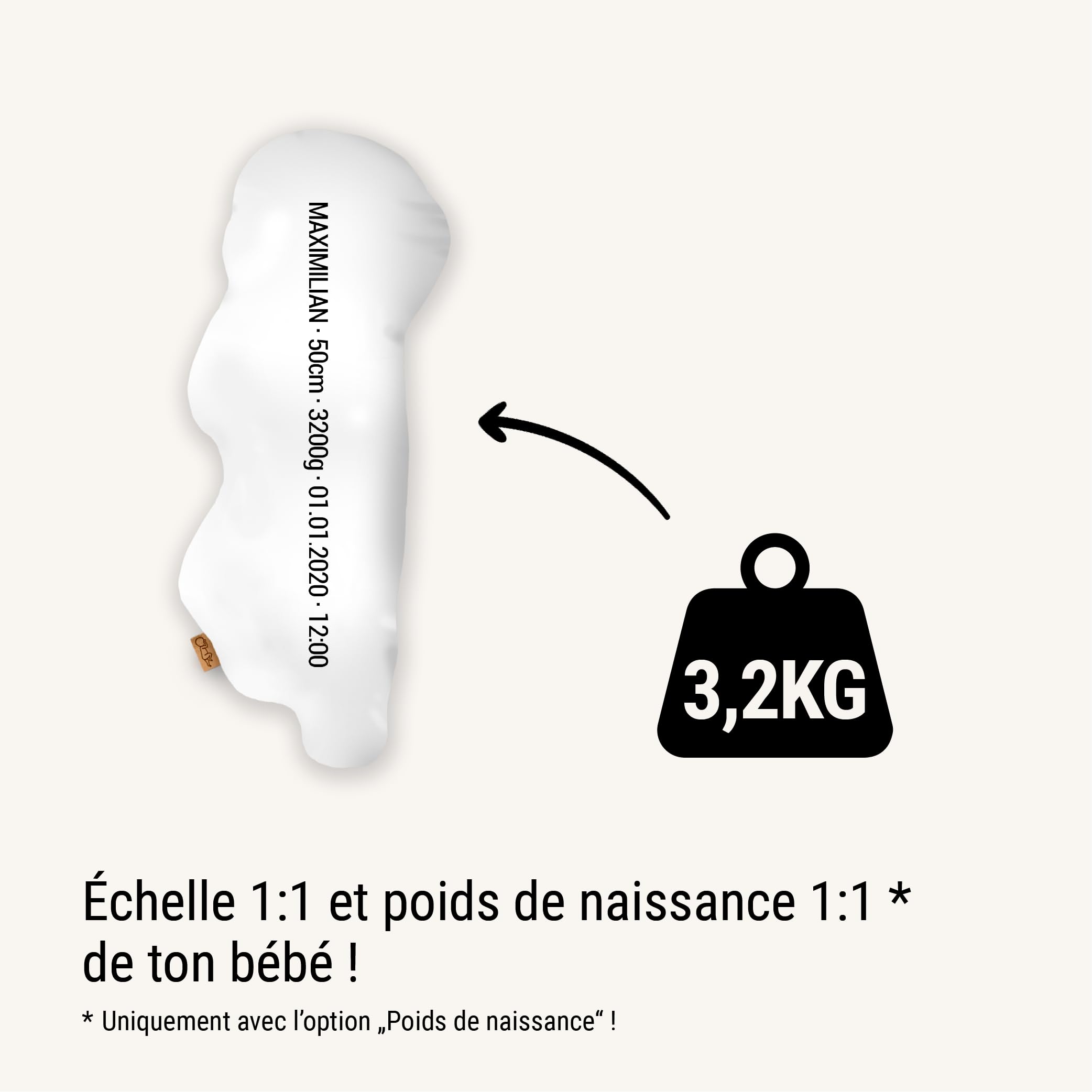 The Birth Pillow Coussin de Naissance personnalisé à l’échelle 1:1 | avec prénom pour Nouveau-nés | Souvenirs en Taille réelle garçons Filles (Original, sans Poids, Classy Three)