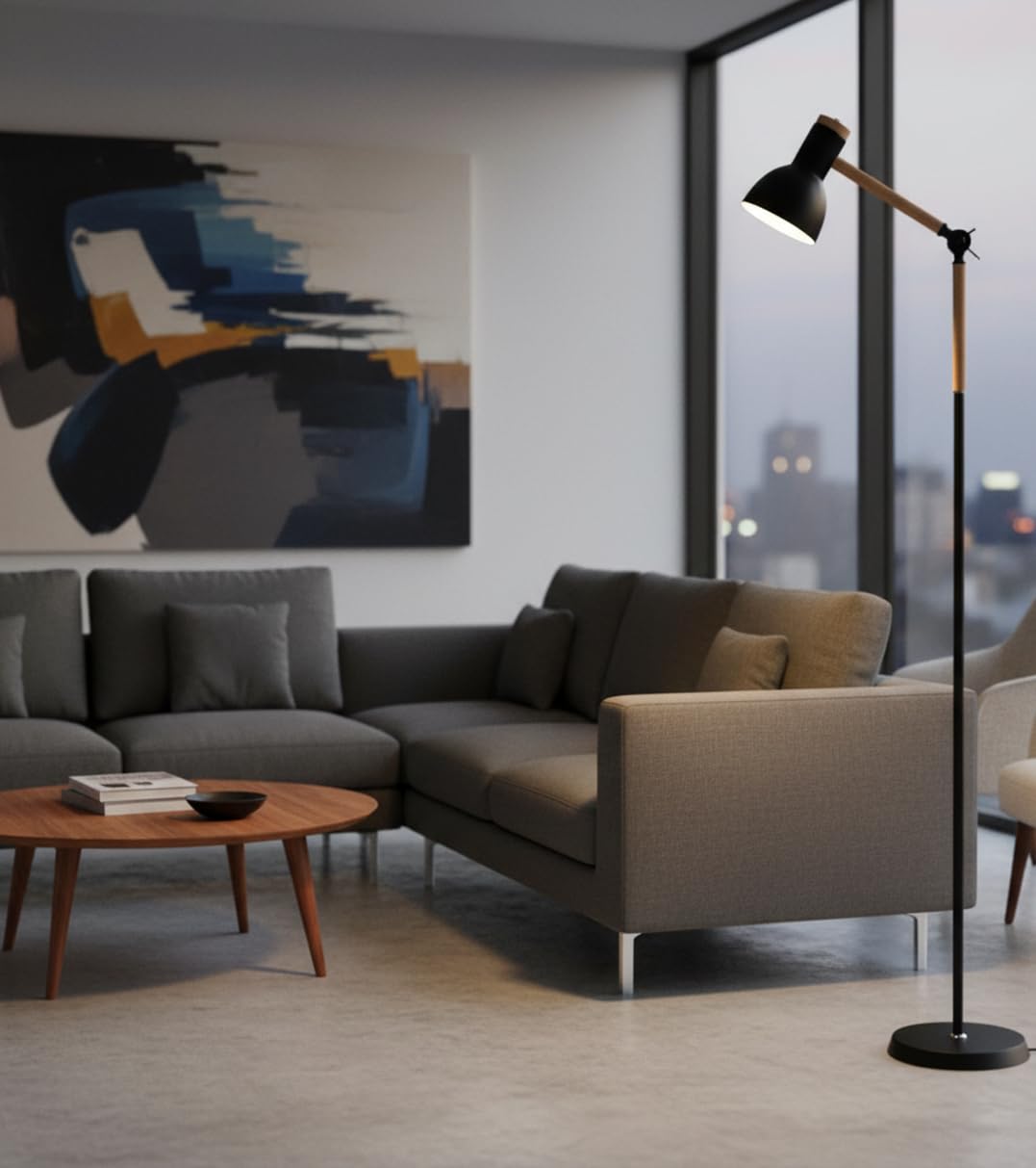 BEL AIR HOME Lámpara de pie TEACHER Negro/Madera | Diseño Moderno Elegante, Ideal para Salón, Comedor, Oficina, Habitación, Altura 155 cm,1xE-27 (BOMBILLA NO INCLUIDA)