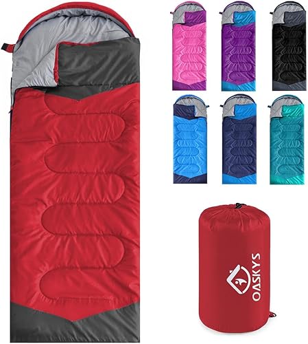 oaskys Saco de dormir para campamento, 3 estaciones, clima cálido y fresco, verano, primavera, otoño, ligero, impermeable, para adultos y niños,