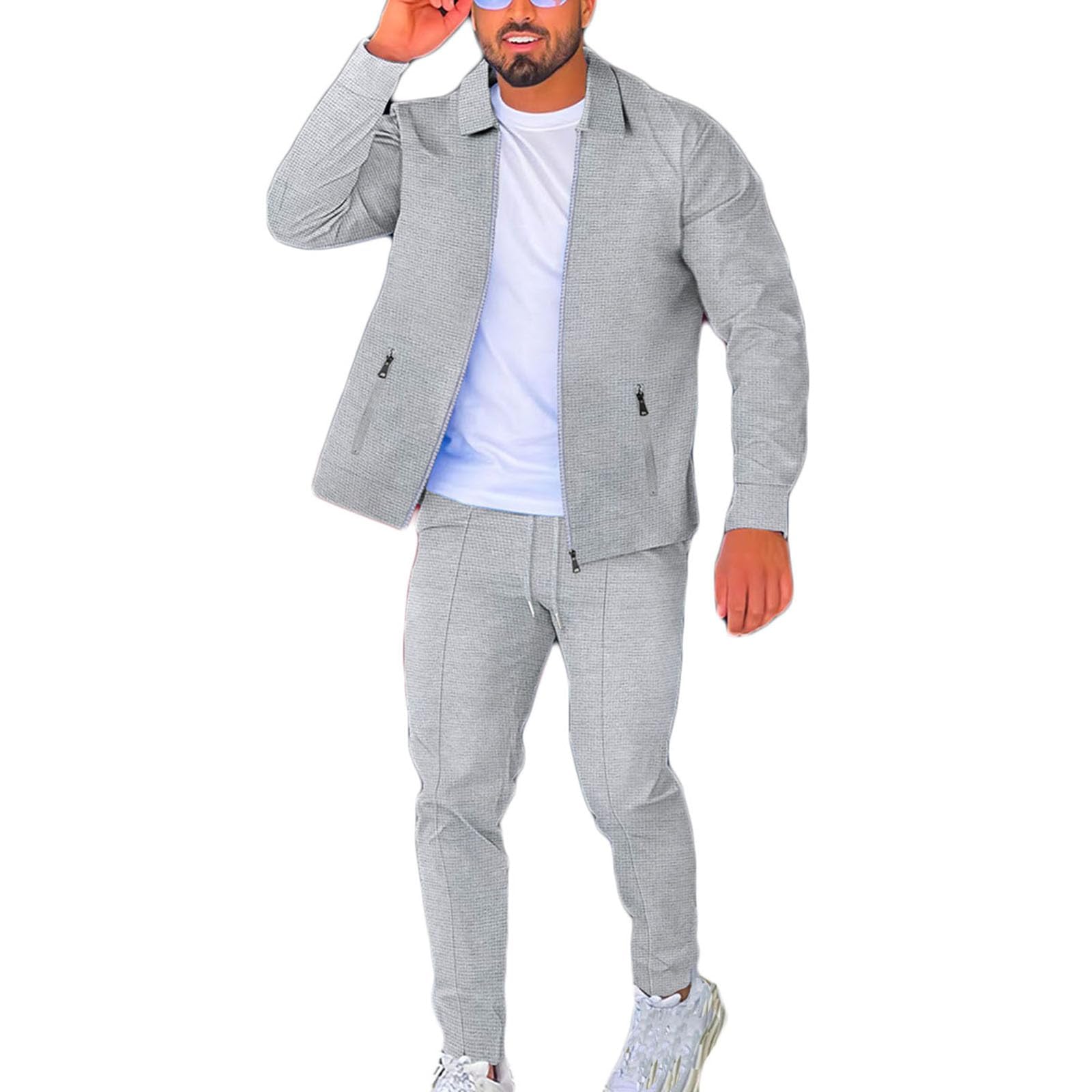 Herren 2-Teilige Waffel Soft Hoodies Sweatsuit Sets Male Trainingsanzug-Sets Mit Durchgehendem Reißverschluss, Trendige Jacke Anzug Business Outfits