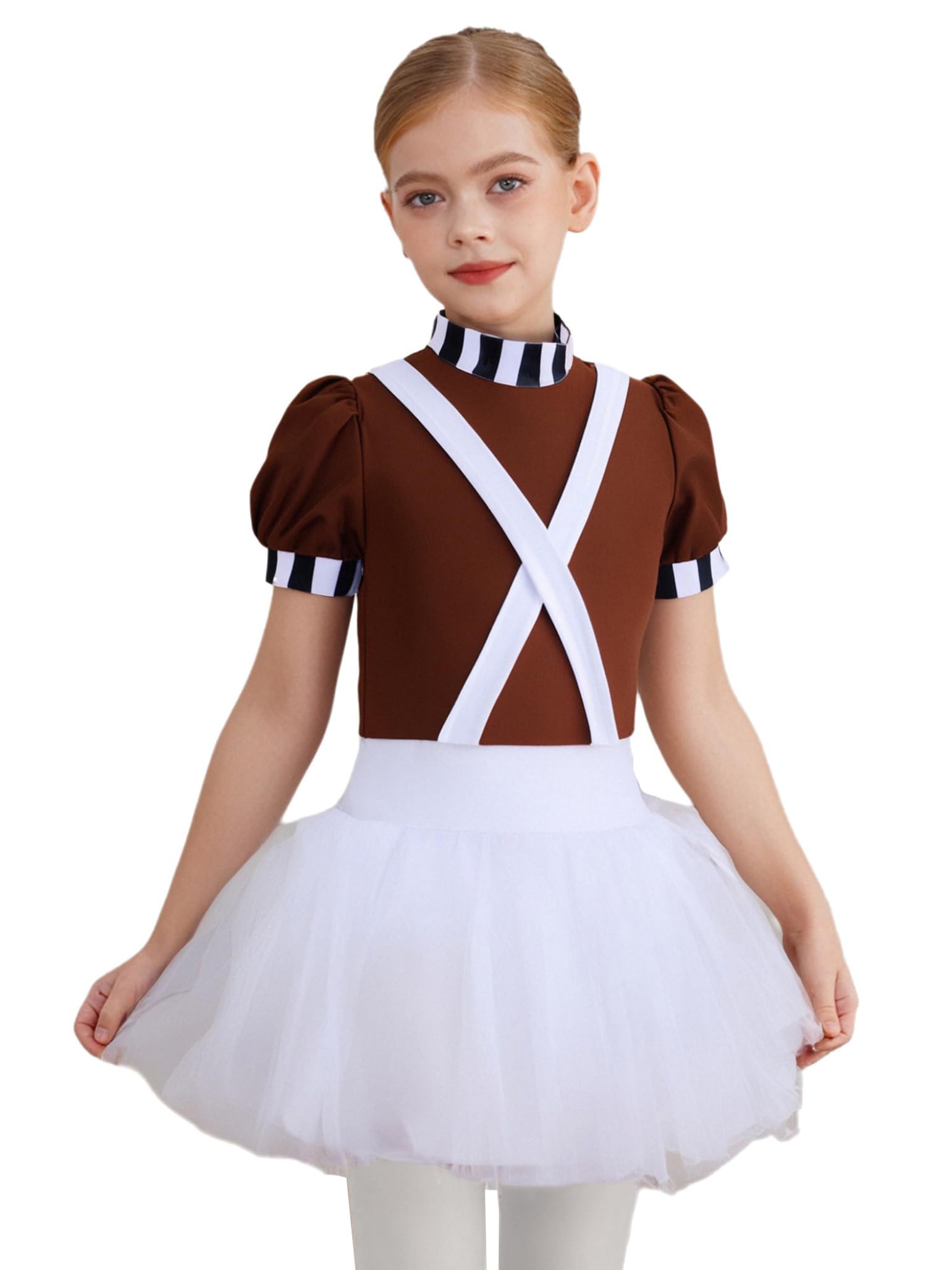 Moggemol Girls Chocolate Factory Worker Halloween Costume Kids Candy Movie Character Tutu Dance Dress Dark Brown 13-14 Years