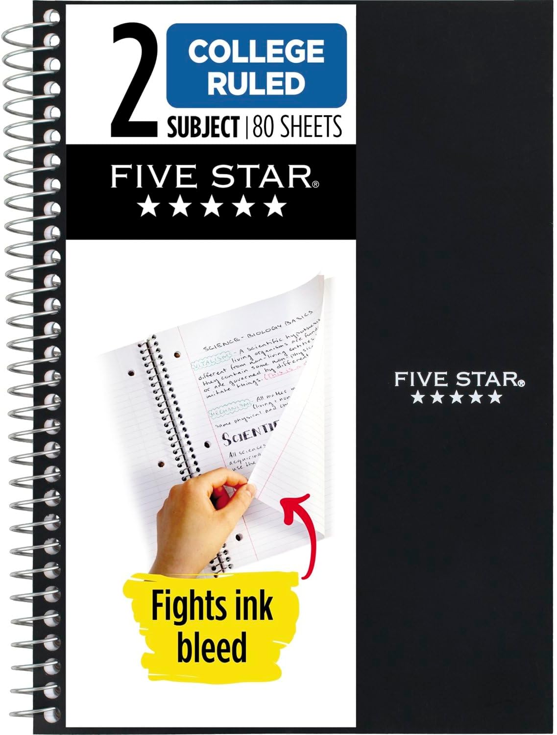 Five Star Spiral Notebook, 2 Subject, College Ruled, 9 1/2" x 6" 80 Sheets, Black (840029AA2-ECM) (Black) Thumbnail