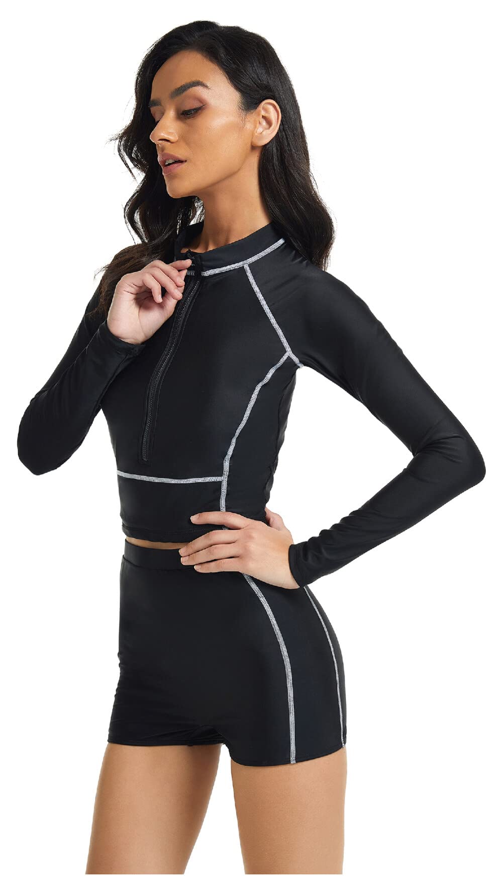 SEAUR Rash Guard damski kostium kąpielowy z długim rękawem, UPF 50+, ochrona przed promieniowaniem UV, dwuczęściowy kostium kąpielowy, slim fit, ochrona przed słońcem, moda kąpielowa, bikini, szorty
