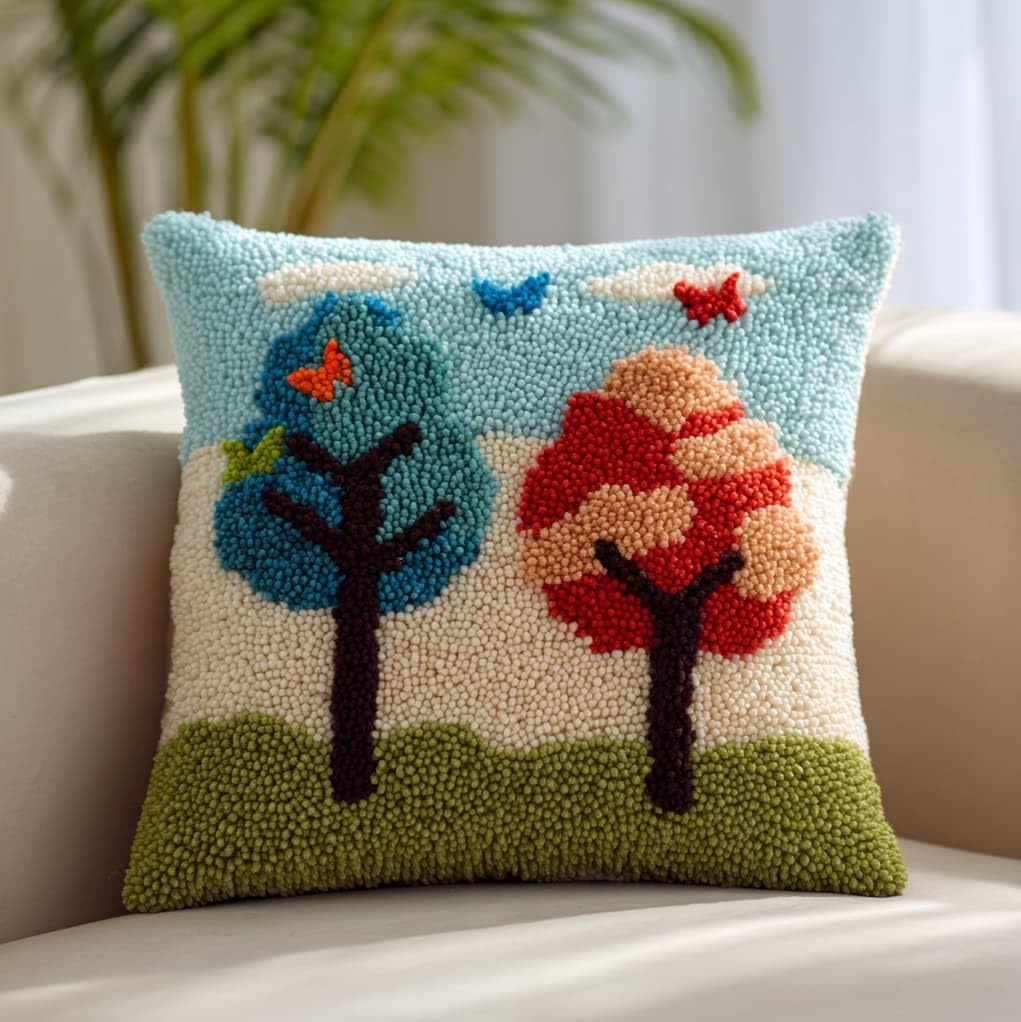 Henypt DIY Latch Hook Cushion Kit 43x43cm,Butterfly Tree Complete Needlecraft Set with Pre-Cut Yarn & Tools,Creative Home Decor Gift for All Ages