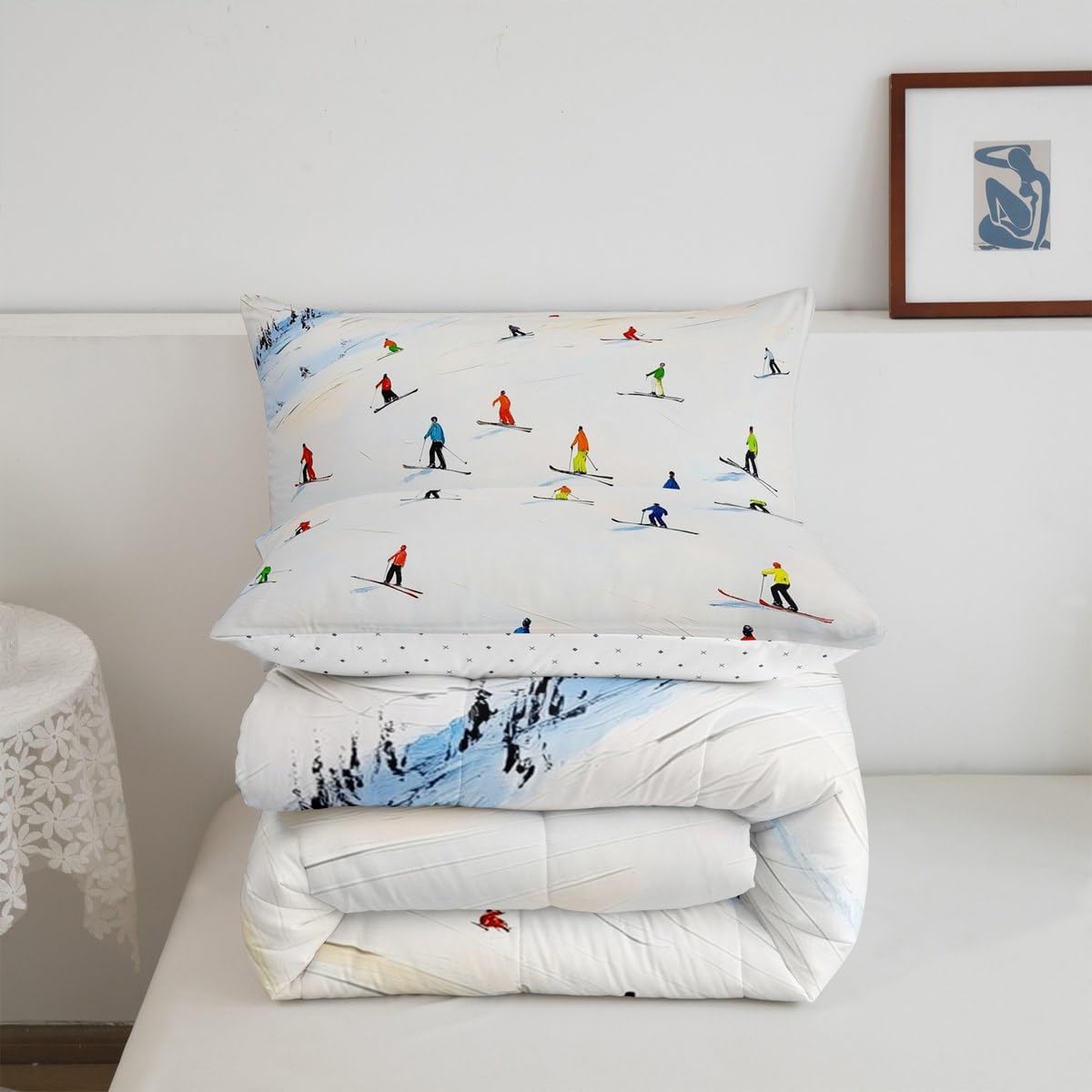 Erosebridal Skiing Artwork Comforter Set Queen Winter Scenery Bedding for Outdoor Sports Lover Abstract Winter Snow Bedding Comforter Sets Vintage Ski Snowboard Room Decor Snow Scene Duvet Insert