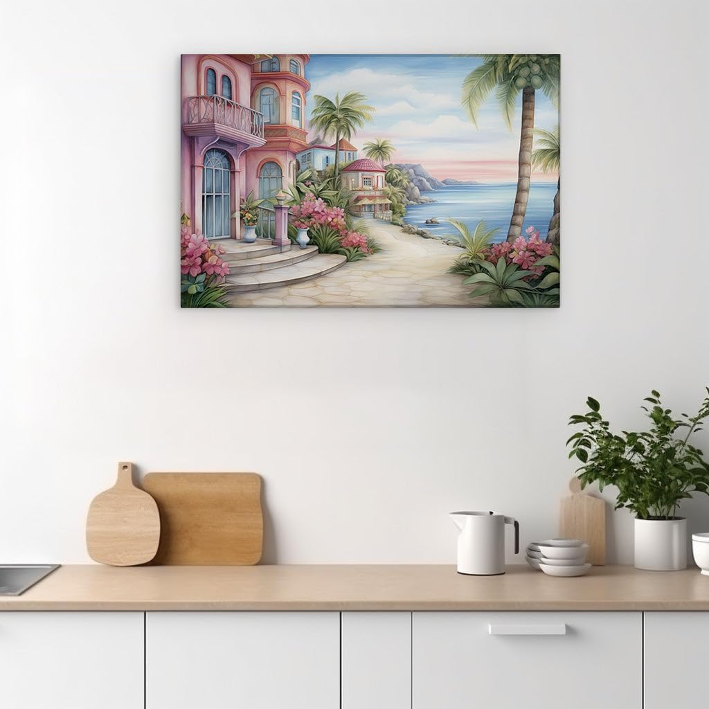 Canvas for Living Room. Strolling Through Tranquility: A Pathway Amongst Colorful Houses and Palms by a Serene Seascape at Sunset, 27 x 18 inch Canvas Wall Art - Modern Home Decor