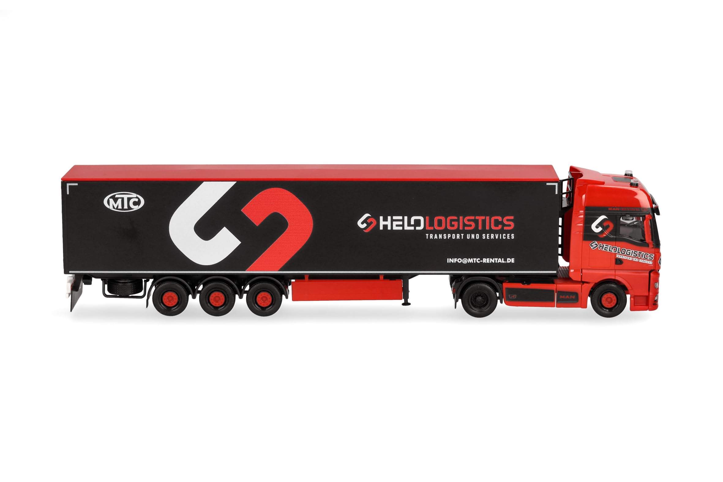 Herpa Model ciężarówki MAN TGX GX naczepa z ruchomą podłogą "Helo-Logistik", miniatura w skali 1:87, kolekcjonerski, Made in Germany, plastik