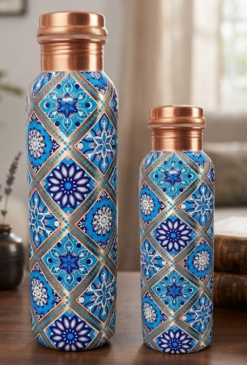 Kupfer-Trinkflasche, Groß Und Klein, Mit Farbkombination Und Gravur, Ayurvedische, Auslaufsichere Flasche Für Sport Und Yoga