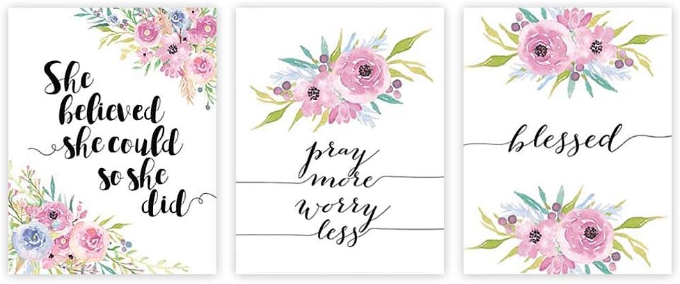 Inspirational Typography Art Print Painting, Lettering Watercolor Floral Cardstock Art Poster Motivational Quote Prints Wall Art Decor (set of 3, 8’’ x 10’’ ,Unframed)