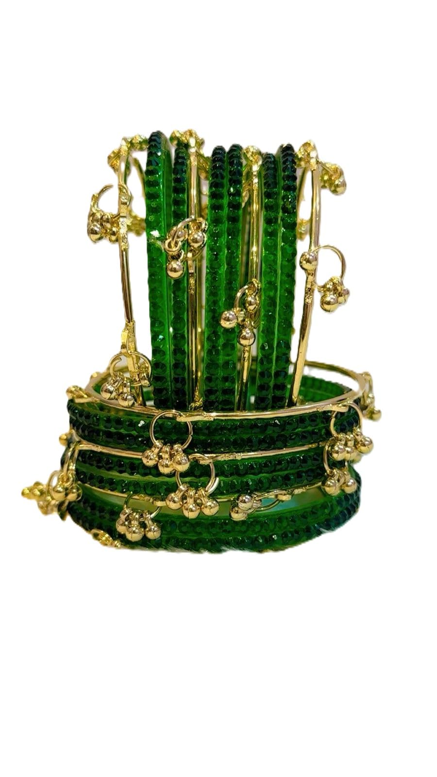 DIVINE GEHNA Green Glass Bangles Set with Gold-Toned Ghungroo Charms Bangles | Kashmiri Bangles | Ethnic Indian Jewellery | Traditional Indian Jewellery,Pack of 20,-image-21