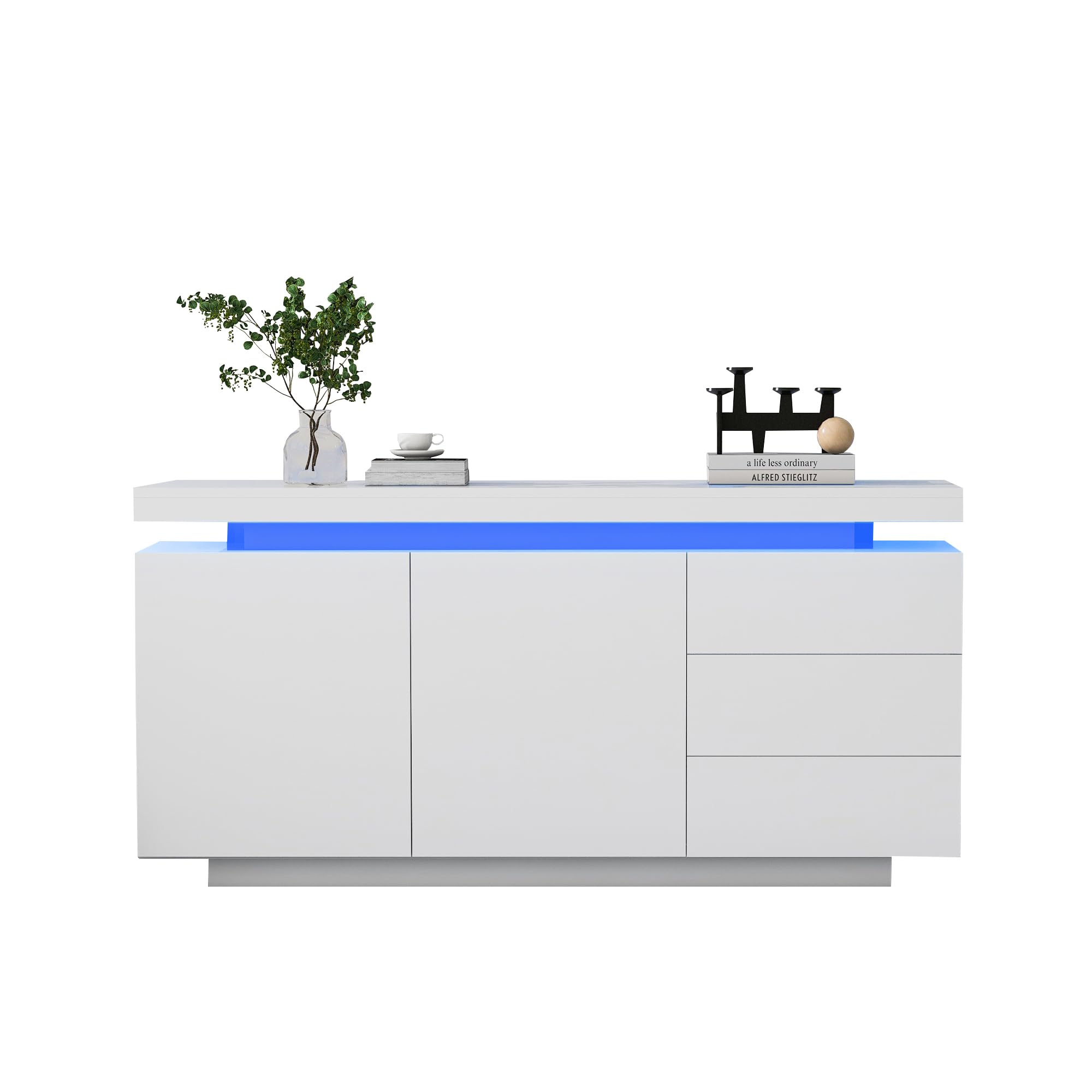Azkoeesy Blanco Brillo - Aparador 140 cm con iluminación LED, Cómoda con 3 cajones y 2 Puertas, Mueble TV Moderno, Buffet, para salón, Comedor
