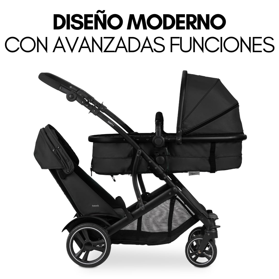hauck Duett 4 Carrito Bebe Gemelos Reclinable - Carro Doble para 2 Niños - Silla de Paseo Gemelar incl. Cubrepiés y Burbuja de Lluvia - Negro