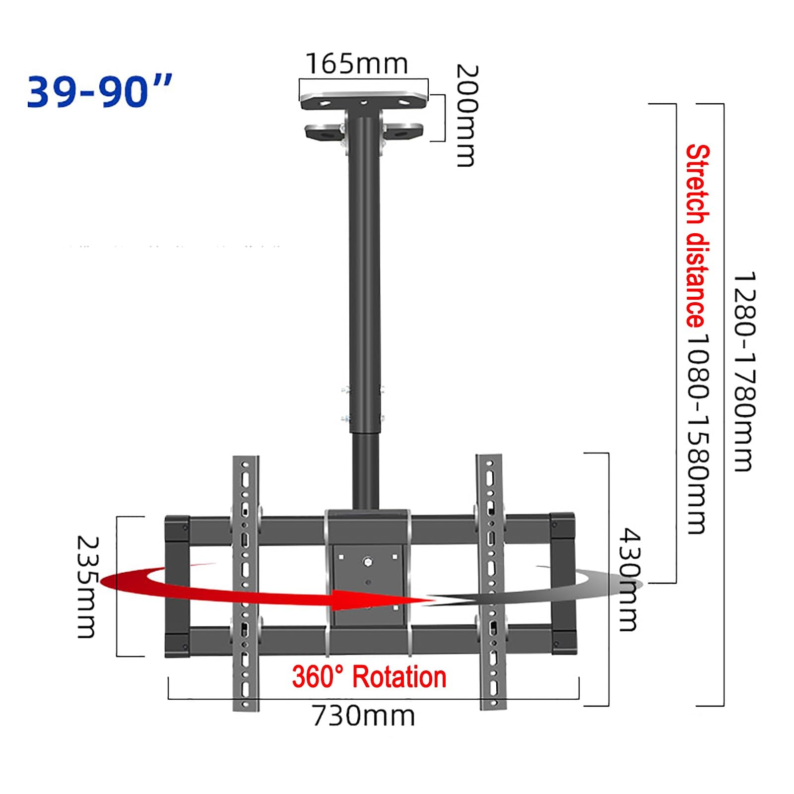 Supporto TV a soffitto - Supporto TV a Parete, Supporto TV Regolabile in Altezza, Adatto alla Maggior Parte dei televisori da 39 a 90 Pollici, Regolazione dell'ango,Cannot Rotate