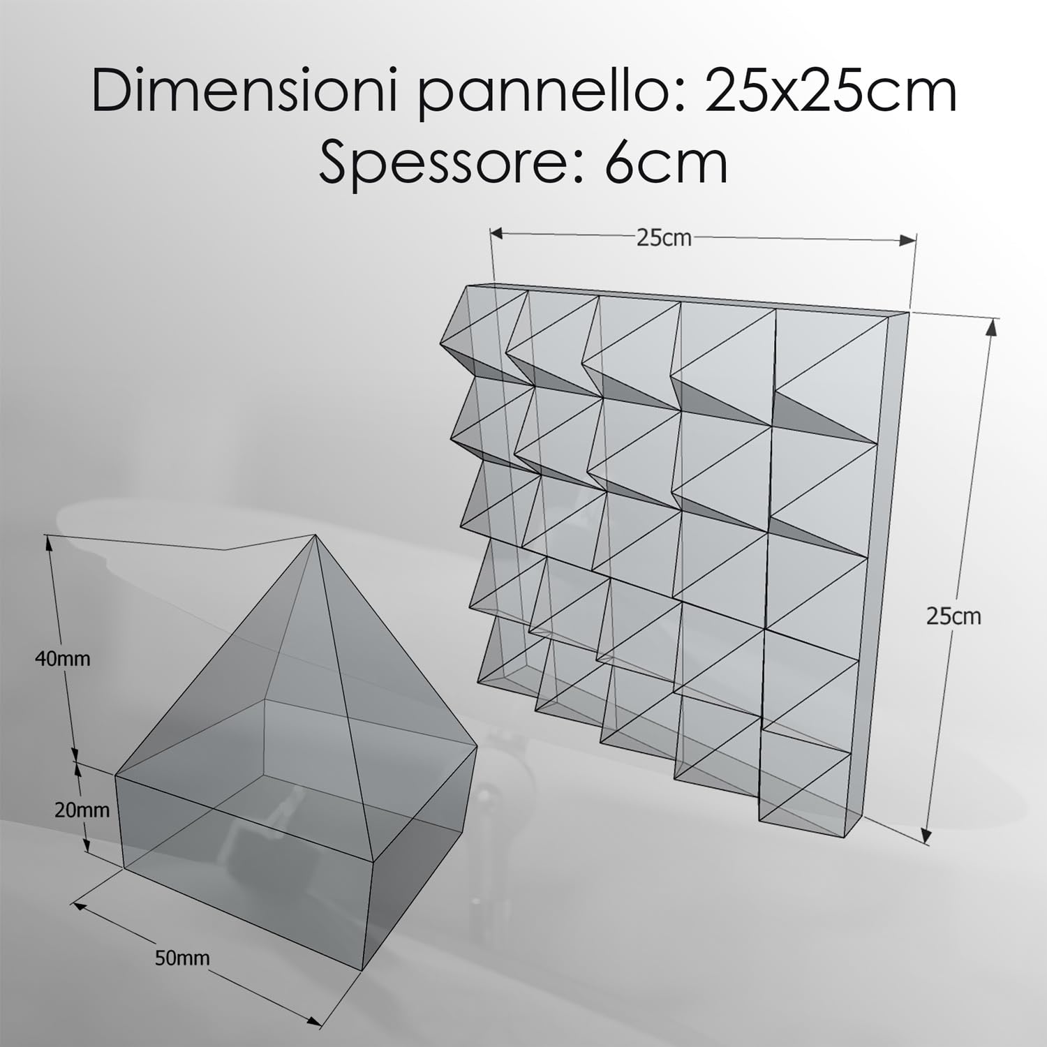 Keyhelm - Pannelli Fonoassorbenti Piramidali 25x25x6 Pacco Da 16(1m²) | Correzione Acustica Medio-Alte Frequenze | Studio di Registrazione