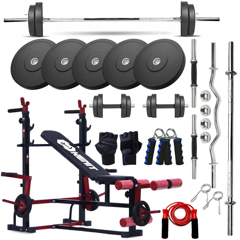 20KG Rubber Weight Plates Combo with 8 in 1 Adjustable Pro Gym Bench with J-Hook, Curl Rod, Straight Bar, Dumbbells, Skipping Rope, Gloves & Gripper – Complete Home Gym Fitness Kit-image-13