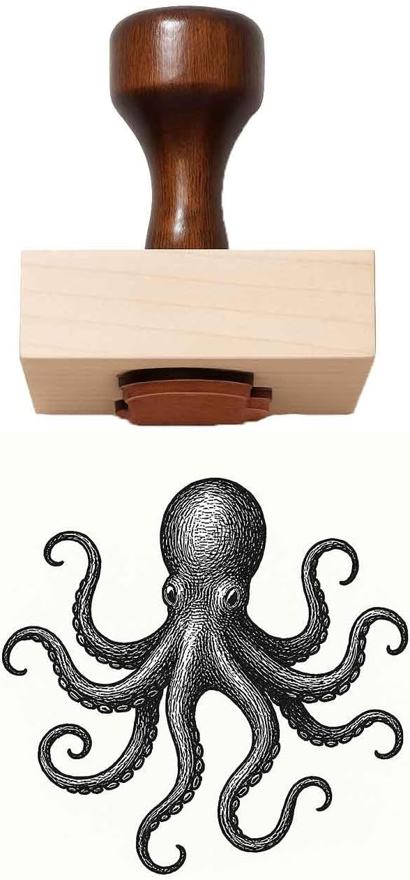 Octopus Rubber Stamp - Wood Mounted Rubber Stamp with Natural Maple (3x3, Without Handle)