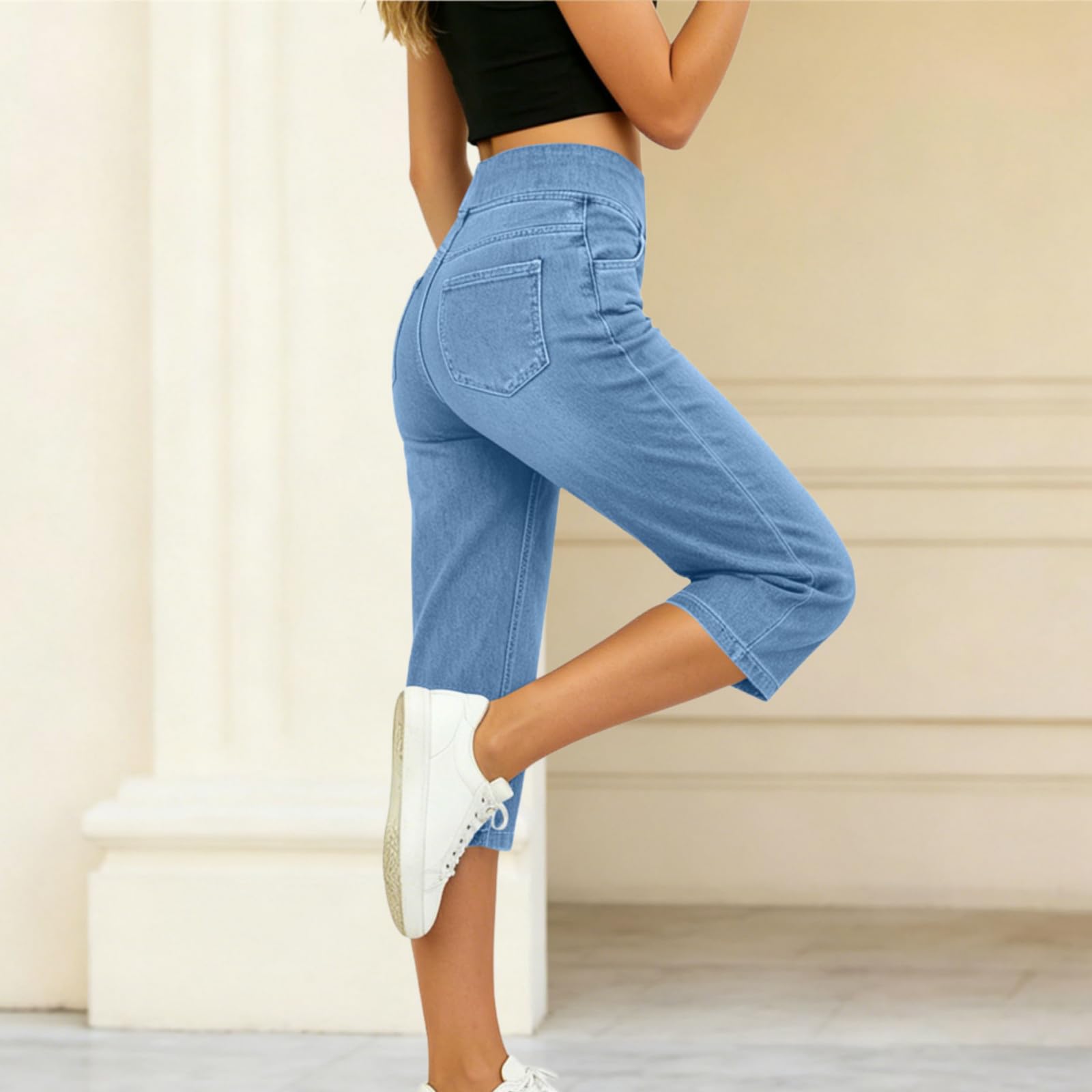 Genérico Pantalones Vaqueros Tobilleros para Mujer con Cintura elástica | Pantalones capri casuales de verano, suaves y de tiro alto con bolsillos; estilo pierna ancha y tendencia Y2K, ideales para v