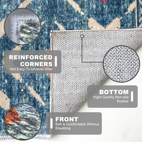 KILOCOCO Hallway Runner Rug 3x10 Runners for Hallways Washable Runner Soft Non Slip Printed Geometric Rubber Backed Low-Pile Rug Runners for Bedroom Kitchen Living Room Boho Rugs, Teal/Blue