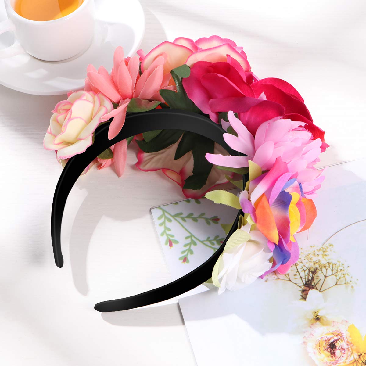 Amosfun Mexican Flower Headband Rose Flower Crown Wedding Headband Headdress for Halloween Masquerade Party Cosplay Headdress - Image 8