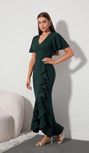 Miniatura 7 de CARROTMOB Vestidos formales para mujer cuello en V volantes cóctel fiesta boda invitada de boda con abertura lateral