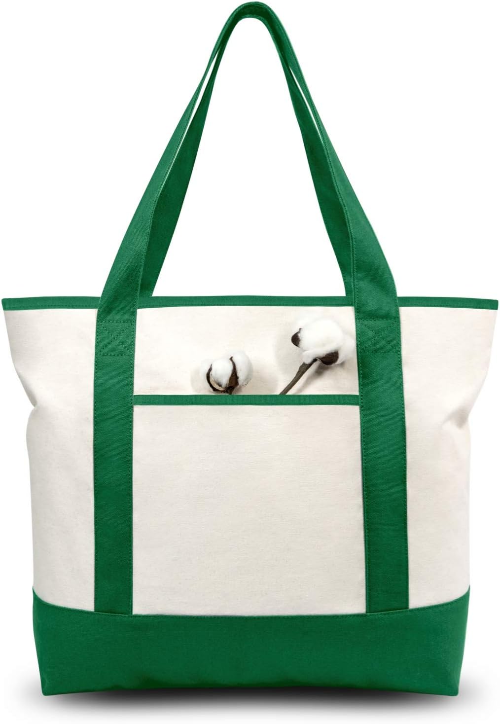 TOPDesign Stylish Canvas Tote Bag with External & Internal Pockets, Open Top, Daily Essentials (Green/Natural)