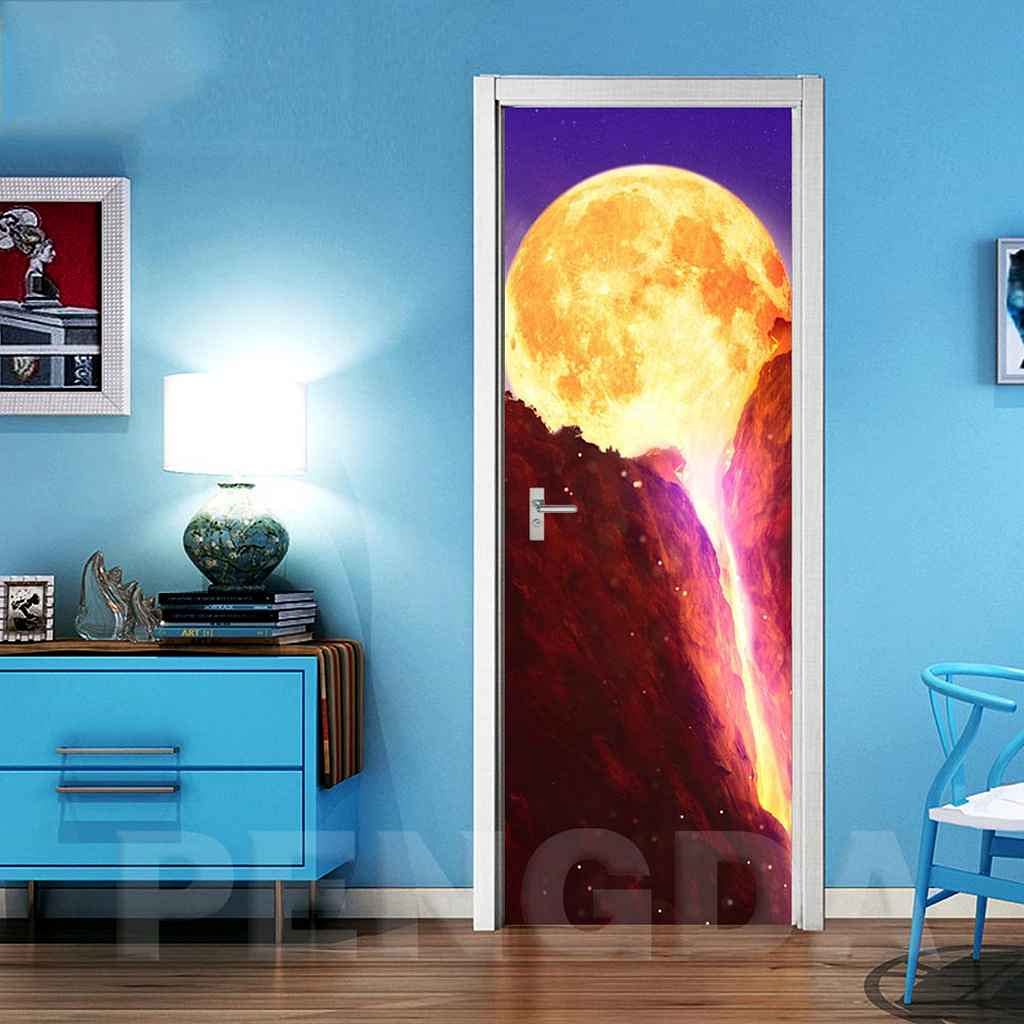 CBWRAW3D Door Stickers Creative Valley Moon for Interior Doors Waterproof Self Adhesive Kids Nursery Bedrooms Bathroom Toilet Home Decoration DIY Removable Vinyl Wall Art Murals 77x200cm