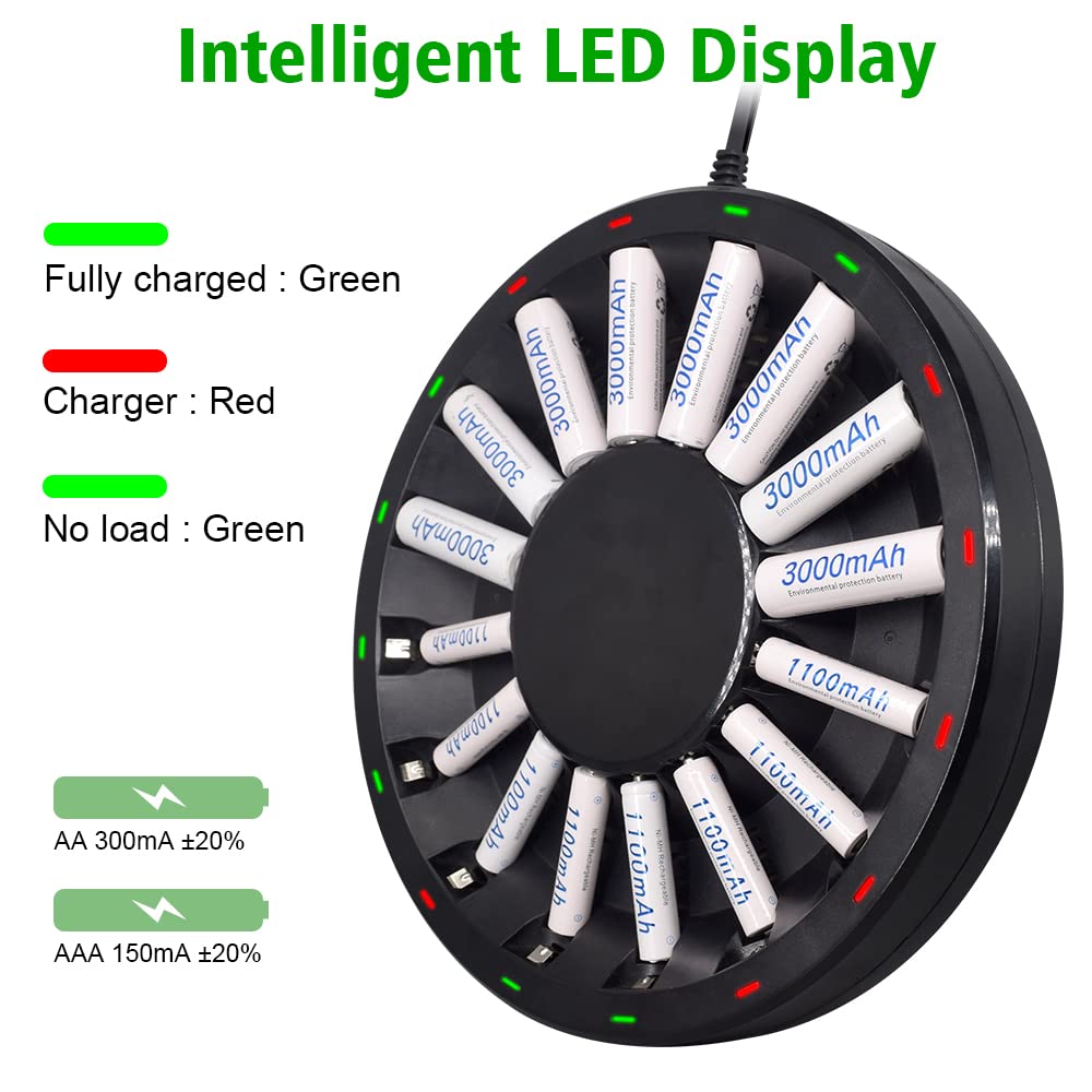 Chargeur de batterie 16 baies AA AAA (mise à jour, charge haute vitesse) avec lumière LED intelligente et prise, pour piles rechargeables NIMH NICD et plus encore