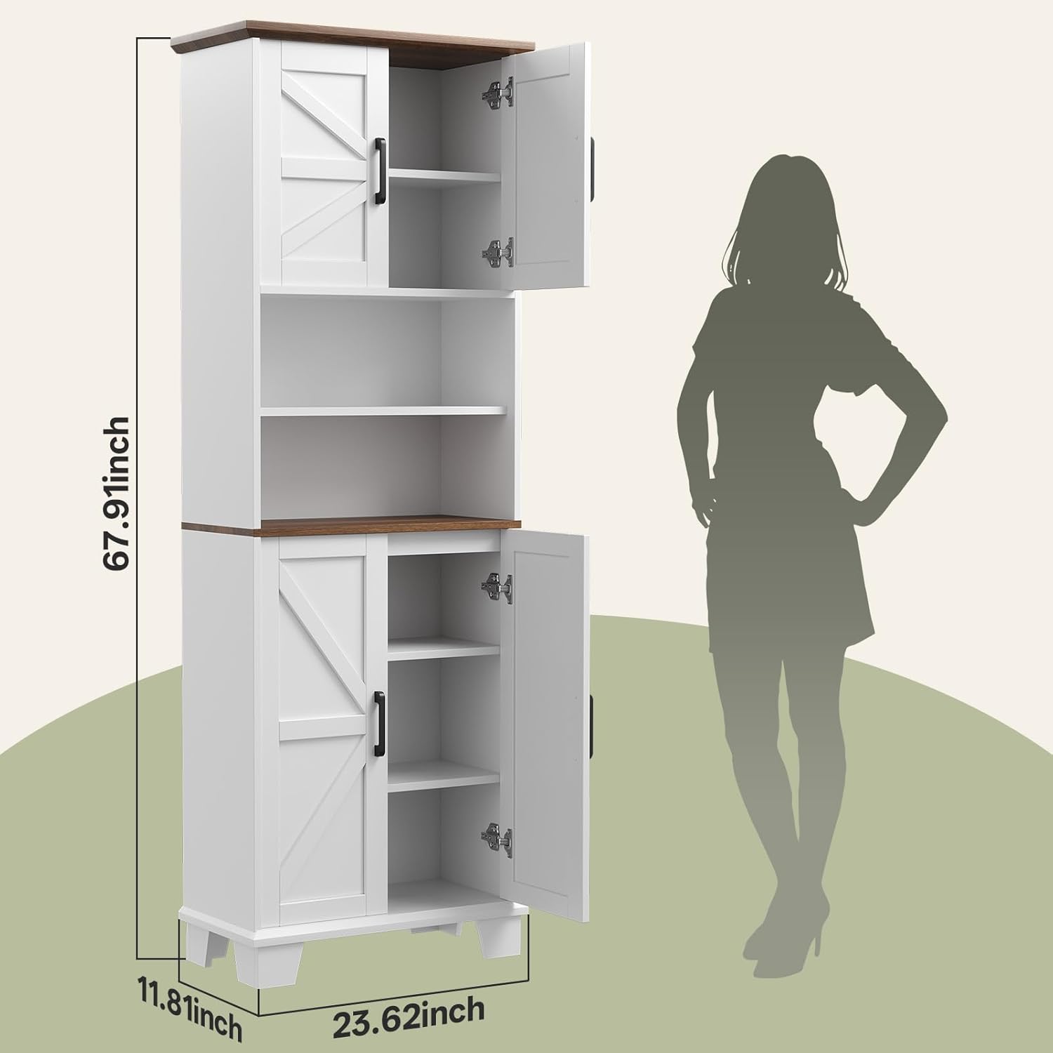 Farmhouse Bathroom Storage Cabinet, 67.9" Tall Freestanding Cabinet with 7 Adjustable Shelves & Barn Doors, Multipurpose Pantry Cupboard for Kitchen, Bathroom, Living Room, Dining Room