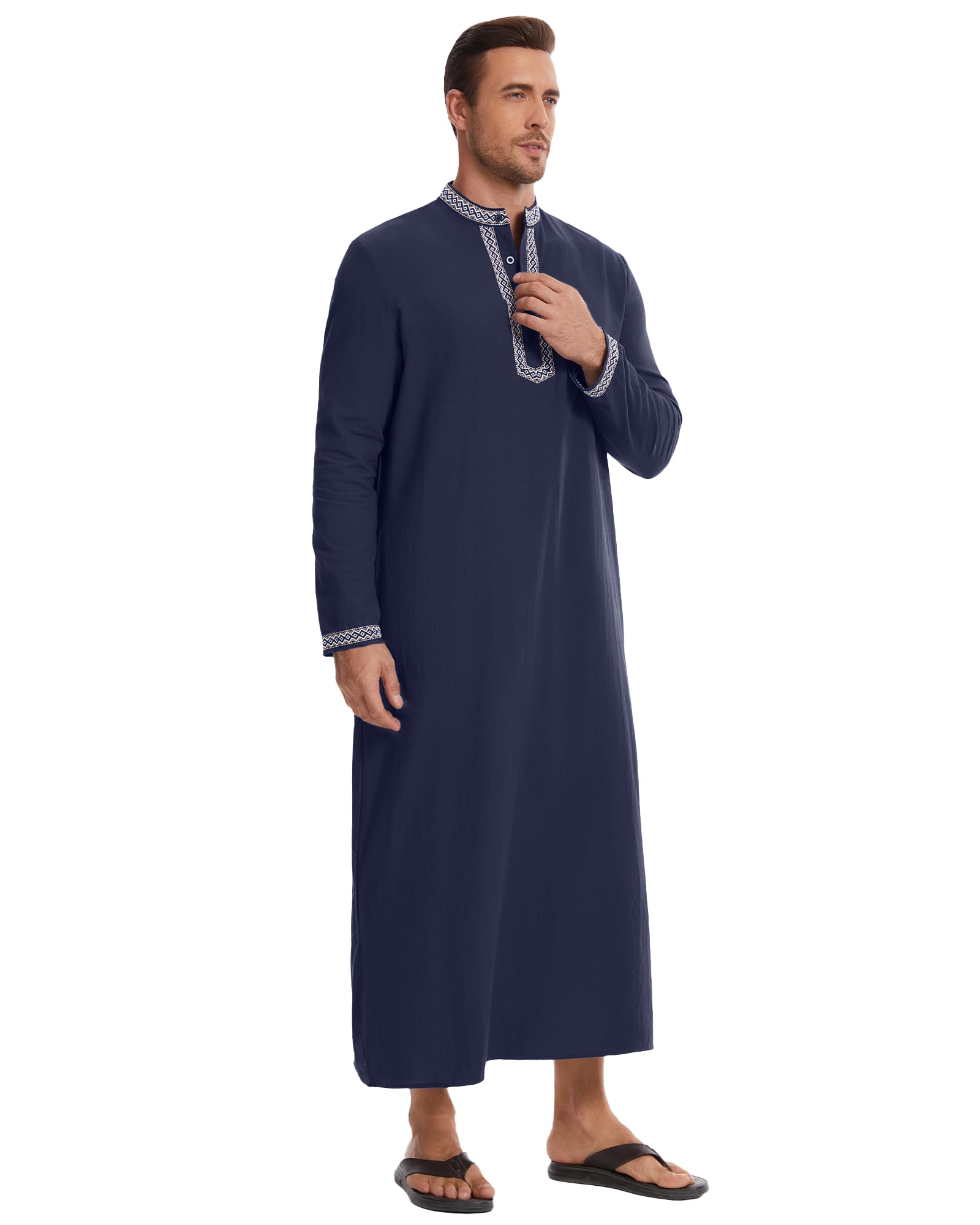 NANAMEEI Qamis Uomo Musulmano Djellaba Uomo Cotone Lino Caftano Ricamato Gandoura Abito Marocchino