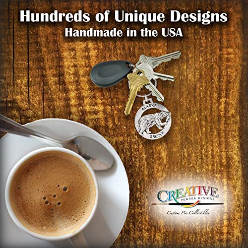 Alaska Grizzly Bear with Salmon Keychain, A626KC, 1 1/2”, Pewter, Metal, Souvenir, 100% Handmade in The USA, Alaskan Travel Keychain, Key Chain, Key Ring, Key Fob, Gift, 20+ Alaskan Designs Available4