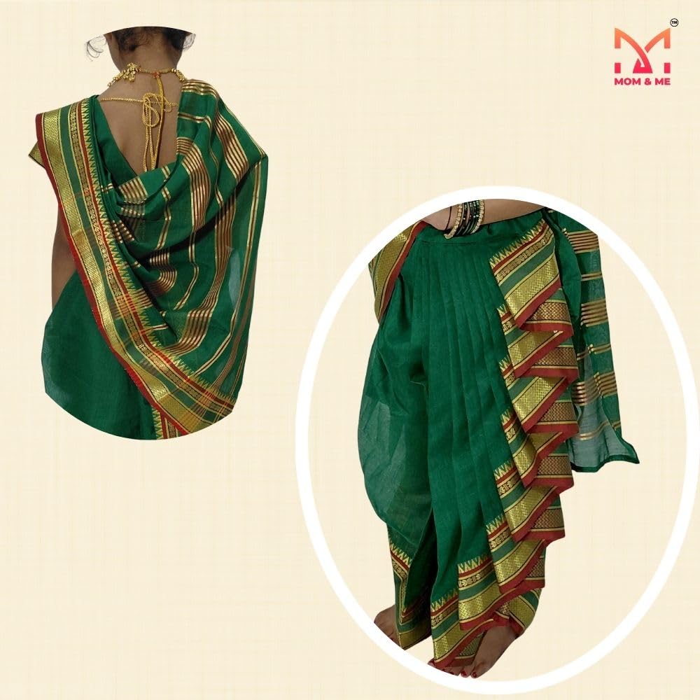Mom and Me Girls' Ready-to-Wear Mastani Nauwari Saree with Stitched Blouse | Traditional Maharashtrian Ilkal Border | Soft Acrylic Cotton | Age 12 Months to 15 Years (Green, 8-9 Years) - Image 5 thumbnail