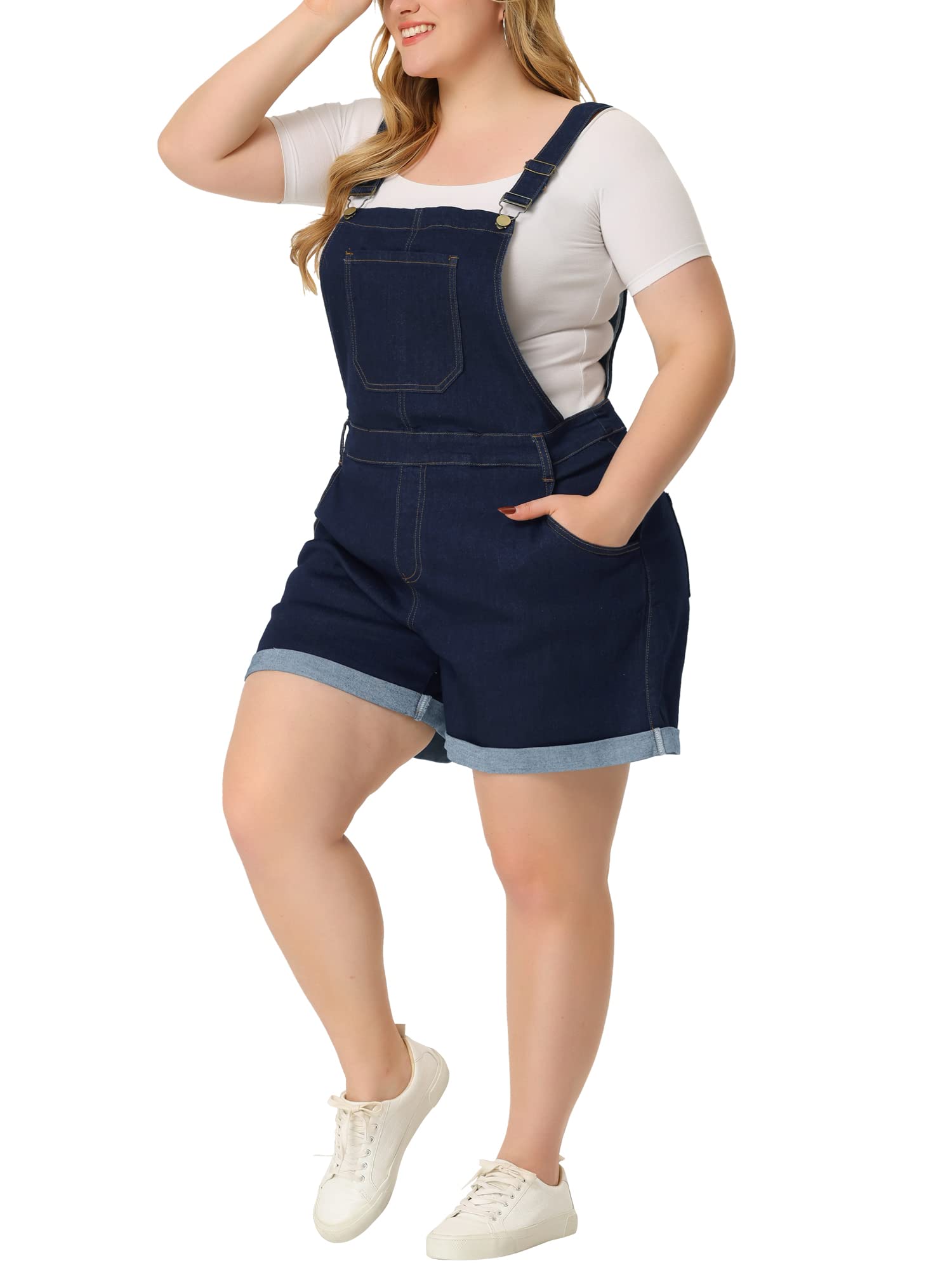 Agnes Orinda Overol vaquero de talla grande para mujer, mono vaquero con dobladillo enrollado, pantalones cortos con bolsillo