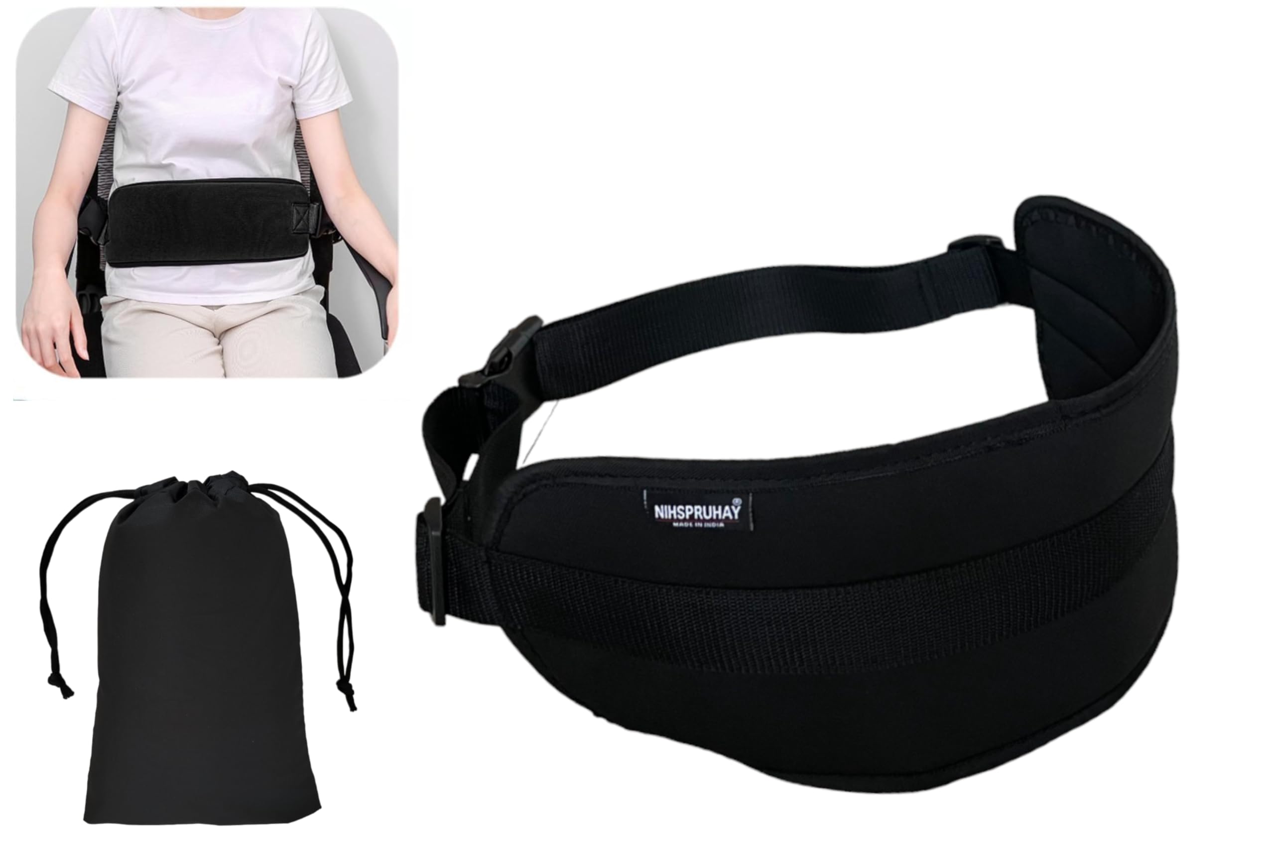 Strap-It Adjustable Wheelchair Seat Belt (Extra Wide Cushion - 6 Inch x 17.75 Inch) Comfortable Cushion Straps Elderly Patients Safety Harness Braces Supports (Black)
