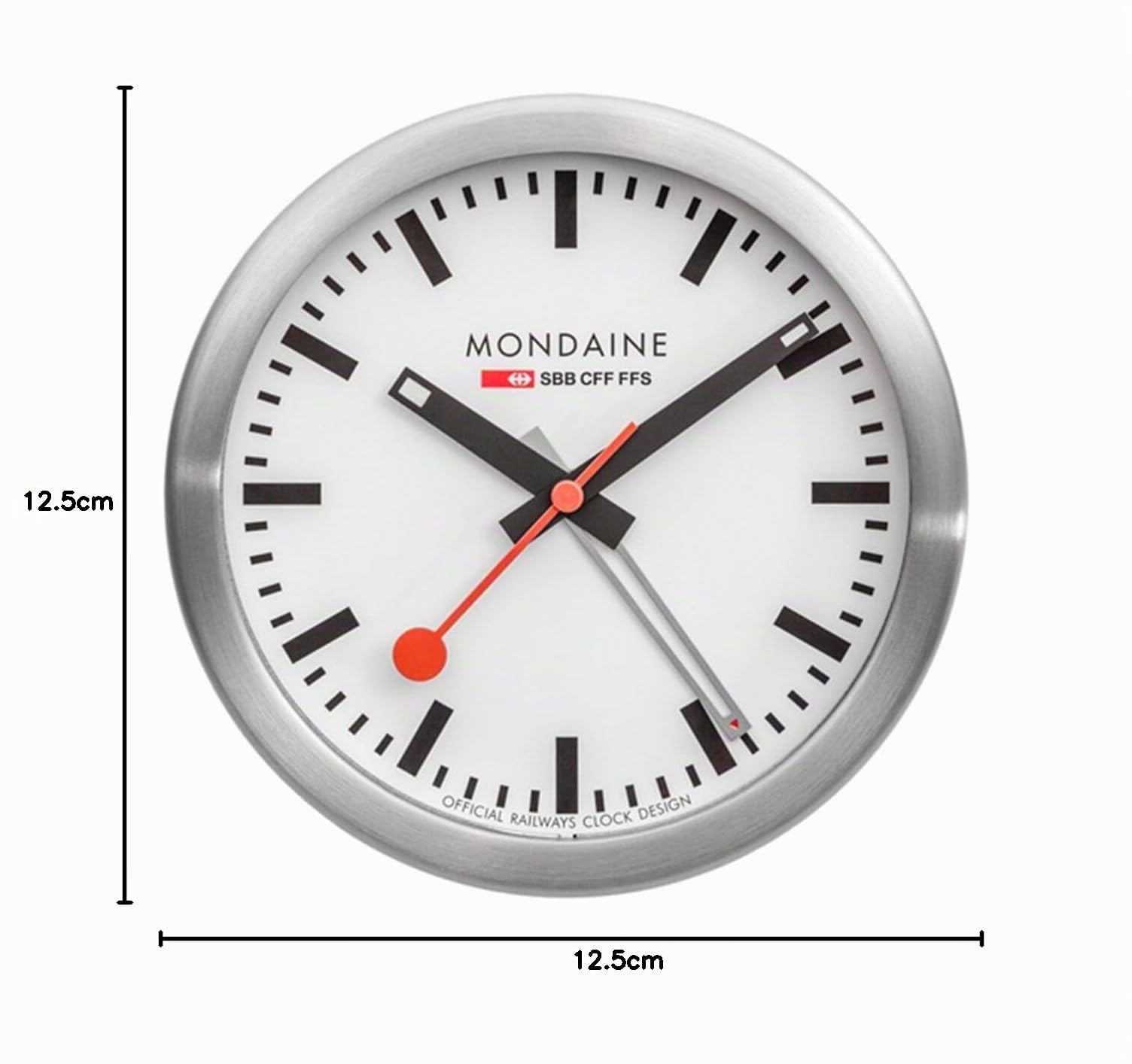 Mondaine - Wecker A997.MCAL.16SBB.1 Tischuhr 125mm - WENDIGE Hände - Bahnhofsuhr aus Aluminium mit rotem Sekundenzeiger staubbeständig - Hergestellt in der Schweiz