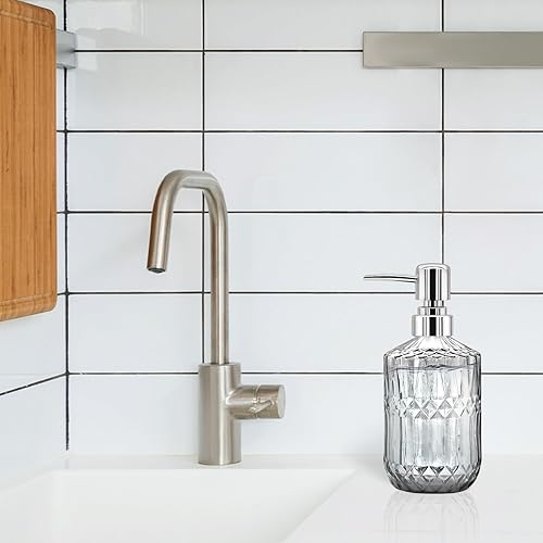 Miniatura 8 de Dispensador de jabón de vidrio de 14 onzas, dispensador de jabón de manos recargable con bomba de acero inoxidable, diseño de diamante vintage para