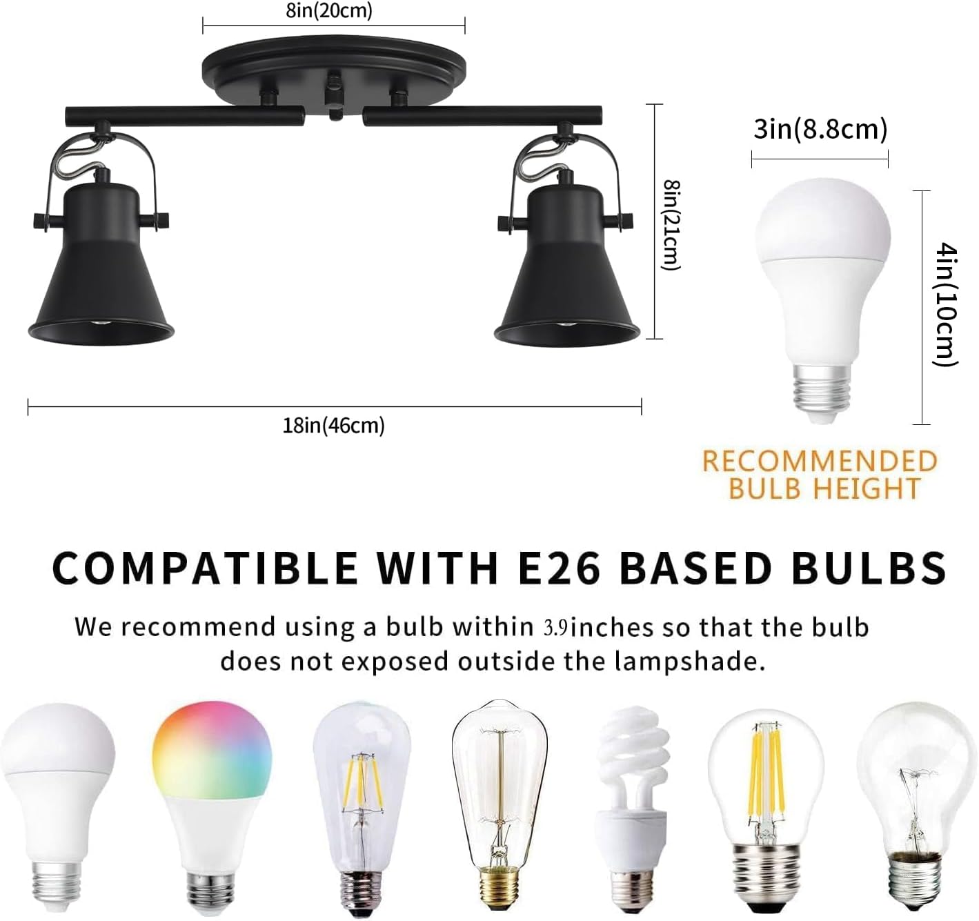 KEESFU 2-Light Track Lighting Kit,Black Semi Flush Mount Ceiling Light with 2 Rotatable Light Heads,Industrial Accent for Livingroom,Bathroom,Hallway,Art Wall,Bathroom,Kitchen.(2-Light)