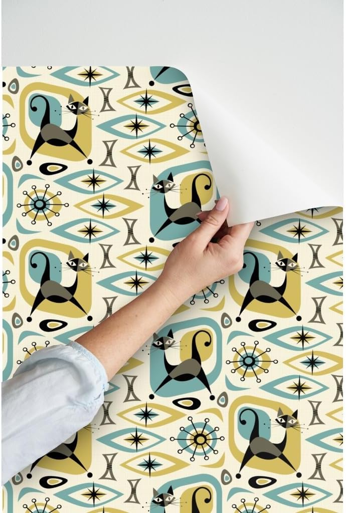 Peel & Stick Wallpaper 3ft x 2ft - Mid Century Cat Abstract Gold Diamonds Retro 1950S Cats Fifties Custom Removable Wallpaper by Spoonflower