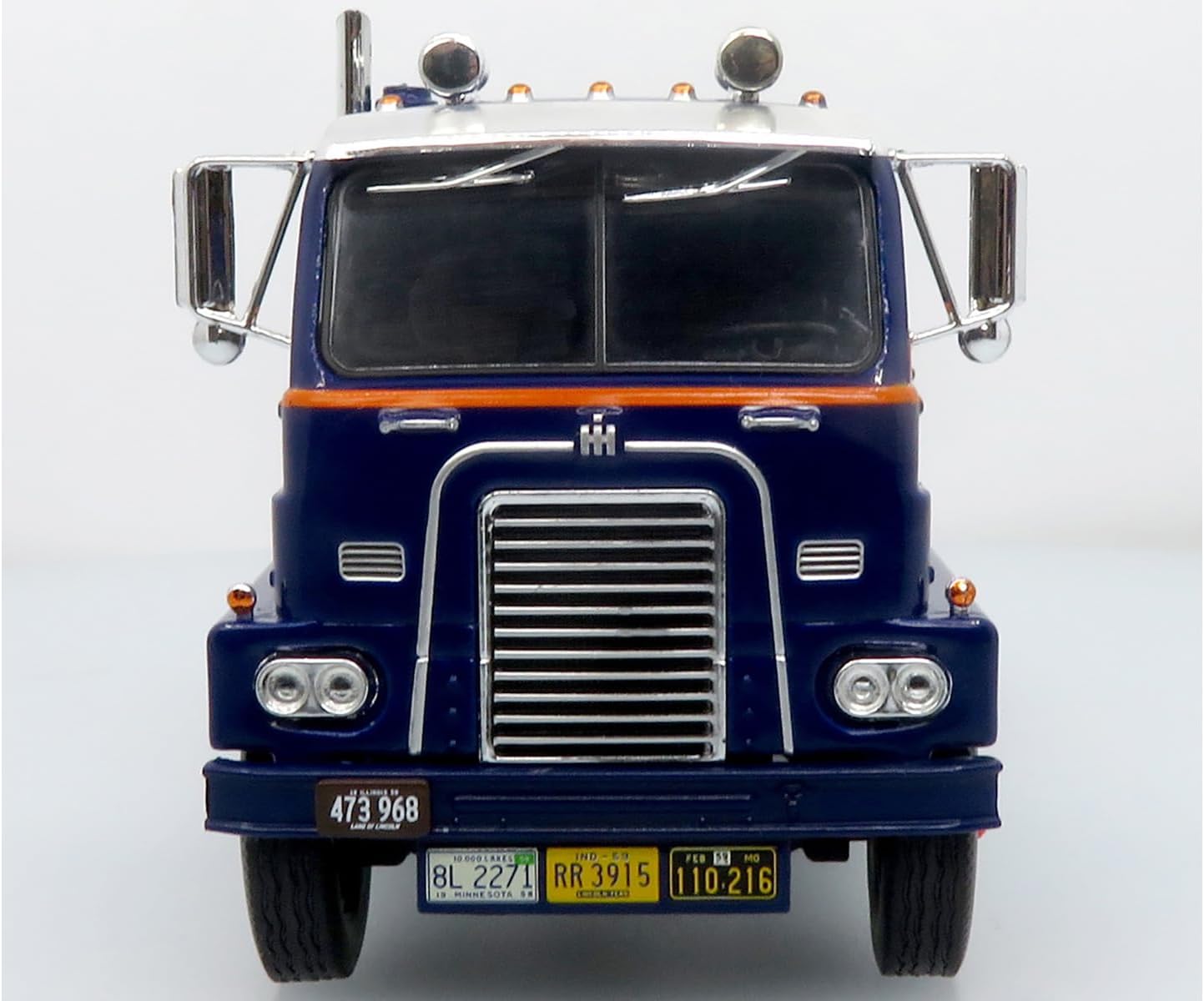 1959 International DCOF-405 Truck with Box Trailer Cooper Jarrett Inc. Dark Blue with Orange Stripes North American Vintage Truck Collection 1/43 Diecast Model 43-0637