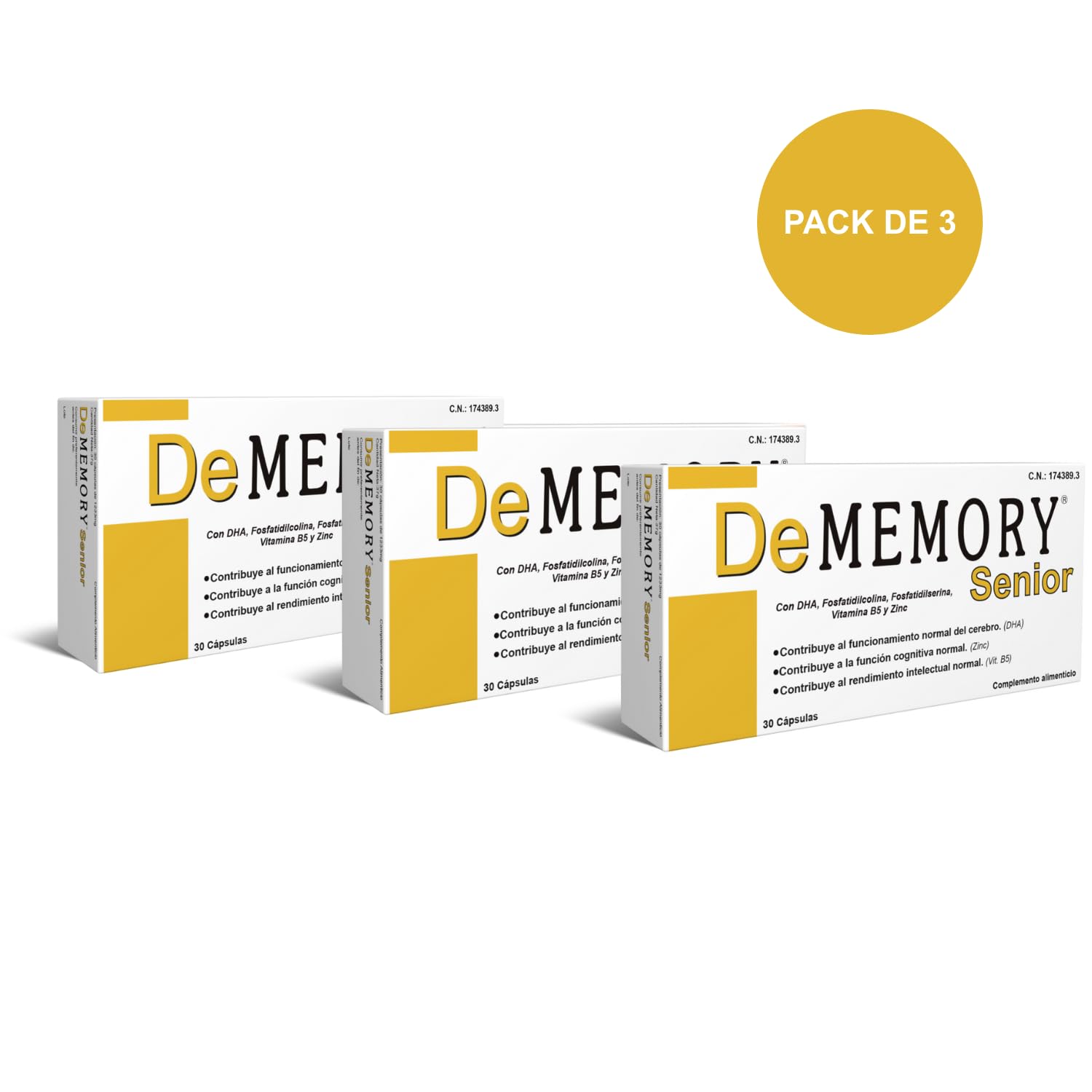 DeMemory Senior 30 Cápsulas – Pack de 3 Unidades - Tratamiento para 3 Meses - Contribuye al Funcionamiento Normal del Cerebro en Personas Mayores - con DHA, Fosfolípidos, Vitamina B5 y Zinc