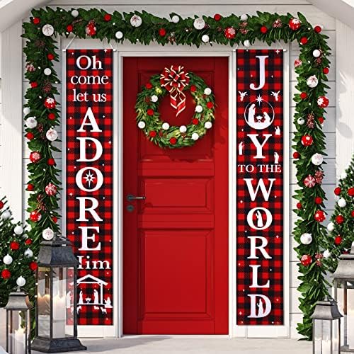 Christmas Nativity Porch Sign Joy to the World Winter Holiday Hanging Banner Flag Holiday Banner Outdoor for Christmas Decorations Door Porch Yard Indoor Outdoor, 71 x 12 Inch (Plaid)