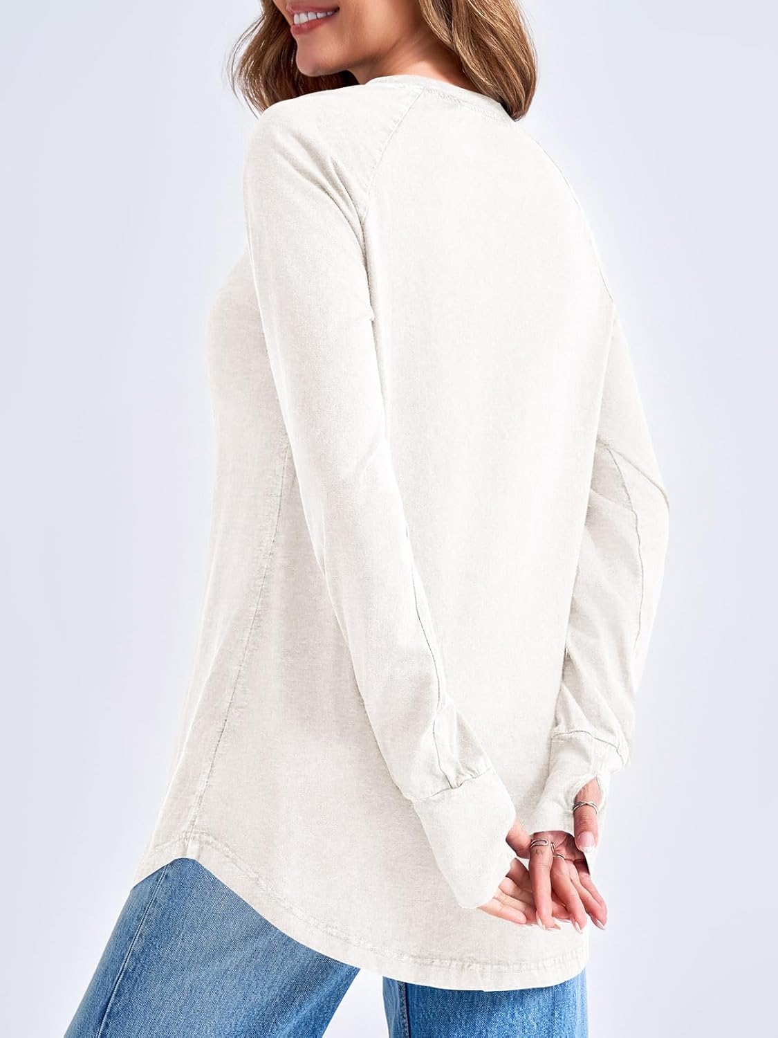 Tankaneo Womens Oversized Long Sleeve Shirts Vintage Washed Casual Loose Fit Tunic Tops with Thumb Holes - Image 5