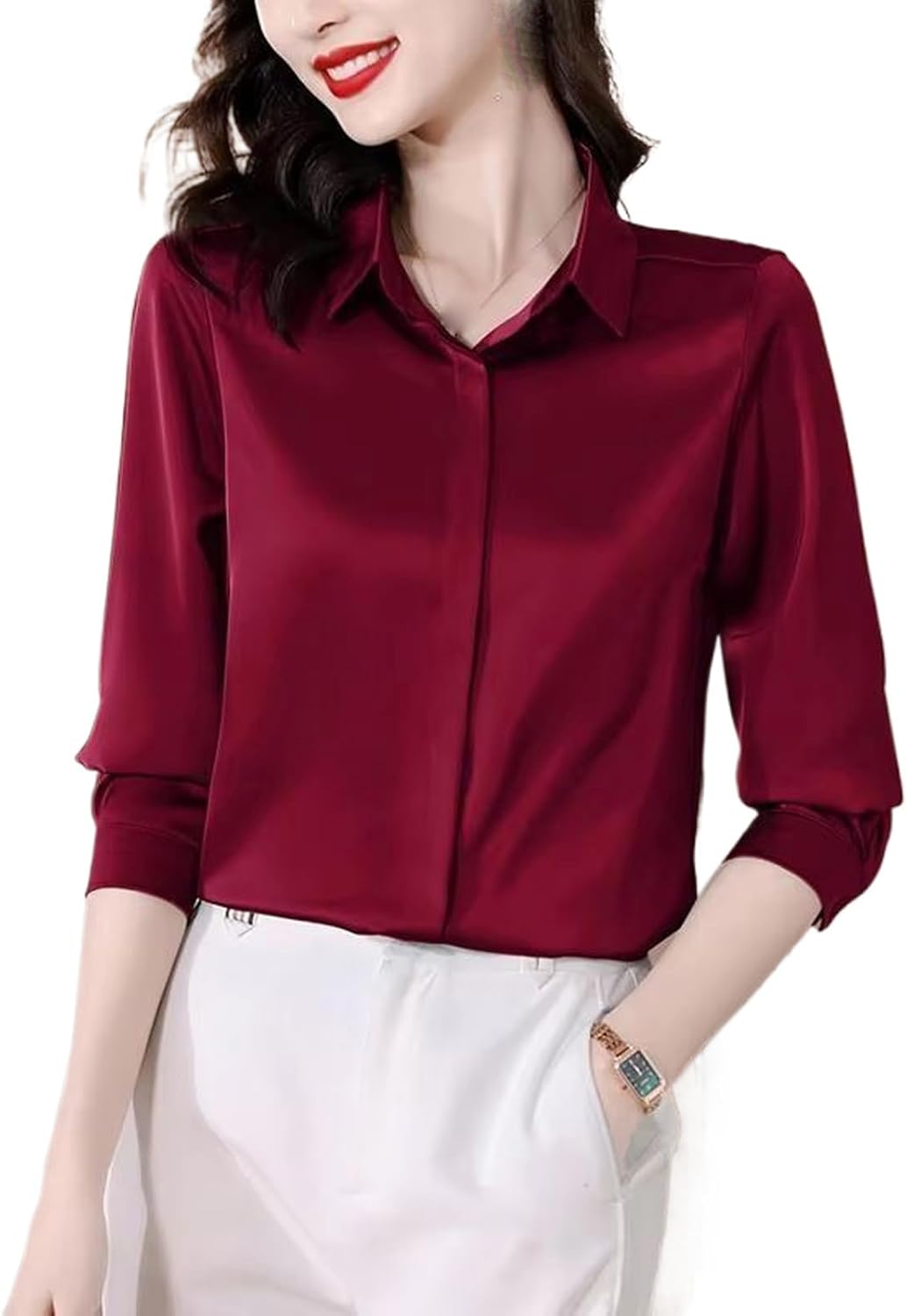 Women's Simple Solid Long Sleeve Shirt Vintage Autumn Spring Clothing Korean Style Satin Silk Blouse Office Top