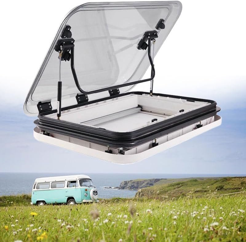 RV Roof Vent Kit with LED Light - Large Skylight Roof Hatch for RV & Caravan, Double-Layer Acrylic Cover, 800x500mm, Includes Net & Sunshade, Easy Installation