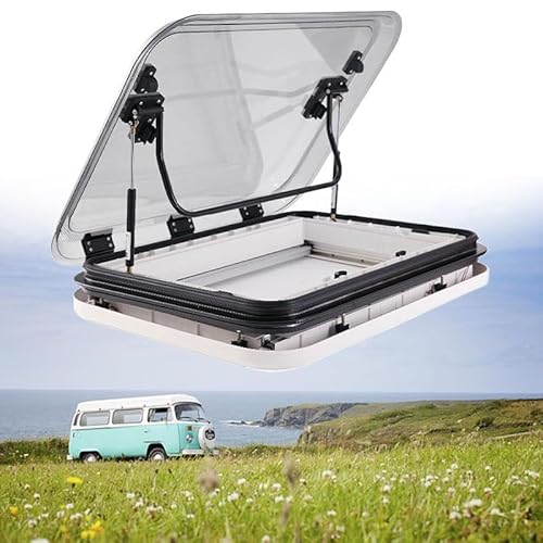 Lakenbroade RV Roof Vent Kit, Cut Out RV Caravan Roof Window Hatch W/LED light, Large RV Skylight Roof Vent Hatch Double-layer Hollow Acrylic Cover With Net and Sunshade,500x500mm
