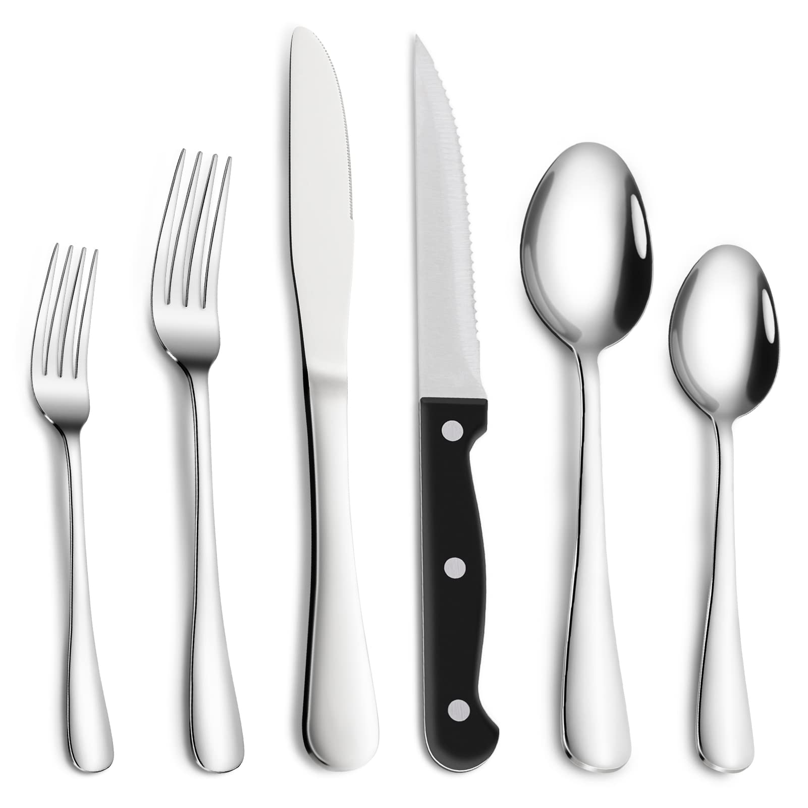 48-Piece Silverware Set with Steak Knives, Stainless Steel Flatware Set, Cutlery Set Set for 8, Include Steak Knife/Fork/Spoon, Dishwasher Safe