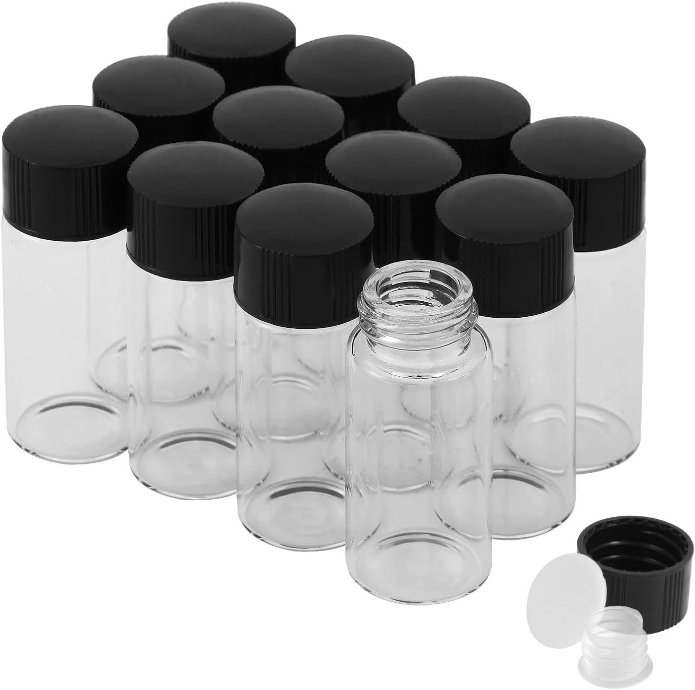 10ml Clear Glass Vials with Screw Caps and Plastic Stoppers, Small Liquid Sample Vial, Leak-Proof Vial, 12PCS